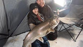 45" Giant Lake Trout Ice Fishing at Bakers Narrows Lodge