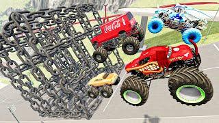 Cars Flying & Crashes Through Iron Chain Cube - Jaw-Dropping Jumps