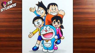 How to draw Doraemon and his friends | Doraemon and his friends drawing easy with color pencil