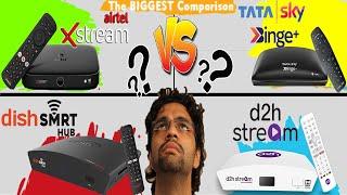 Tata Sky Binge Plus vs Airtel Xstream vs Dish Smart Hub vs D2h Stream | Hybrid Box of DTH Providers