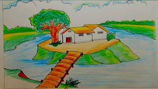 pencil drawing scenery | scenery drawing with pencil colour | landscape drawing easy | tree house