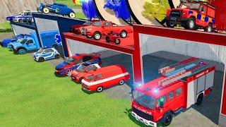 TRANSPORTING CARS, AMBULANCE, POLICE CARS, FIRE TRUCK OF COLORS! WITH TRUCKS! - FS 22