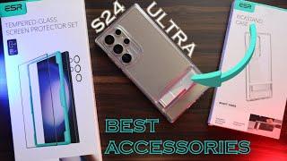 Samsung S24 Ultra Affordable Best Accessories - Kickstand Case + Tampered Glass + Camera Protectors