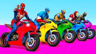 الأبطال الخارقين على القضبان دوامة قمع جسر - SPIDER-MAN on Motorcycle in Spiral Bridge Stunt Ride!)!