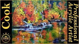 Autumn Lake Reflections  an Beginner Acrylic Painting Tutorial Impressionist Style