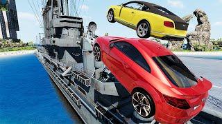 Cars Vs 100 Mega Container Jump Aircraft WarShip Parkour - Speed Car Crash - BeamNG Drive