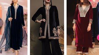  velvet suit design with laces | velvet dress design ideas