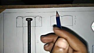 Hexagonal nut and bolt assembly ,  Top view, Front view, Side view  of a hexagonal nut and bolt,