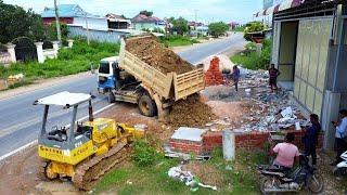 Start New Project!! Filling Garbage Land Use Bulldozer Komatsu D21A Pushing soil with 5ton Trucks.