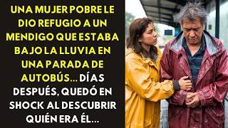 UNA MUJER POBRE LE DIO REFUGIO A UN MENDIGO QUE ESTABA BAJO LA LLUVIA EN UNA PARADA DE AUTOBÚS...