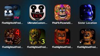 Five Nights at Freddy's Most Wanted,FNaF 6,Pizzeria Simulator,Sister Location,FNaF 4,FNaF 3,FNaF