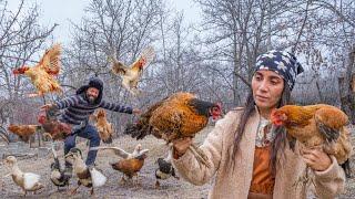 Qarlı bir Qış Günü isti Daxmada Gənc ailənin Həyatı! Tat çığırtması bişirdik