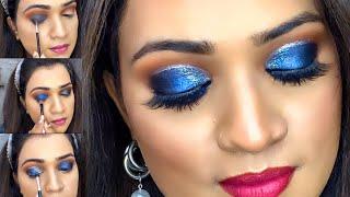 5 minutes silver glitter blue smokey eye makeup for beginners/ No Cut Crease,Quick Simple eye makeup