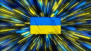 Waving flag of Ukraine on star burst background with yellow and blue neon waves