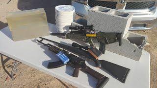 FMJ 5.56 vs 7.62x39 vs 308 PENETRATION TEST VS PAPER PLATES & CINDER BLOCKS & BALLISTICS GEL.