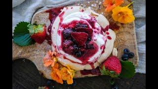 Dessert Recipe: Pavlova with Sparkling Wine Roasted Berries by Everyday Gourmet with Blakely