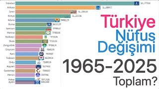 1965-2025 arası Türkiye Nüfusu - Zaman içinde değişen ilk 20 şehir sıralaması.