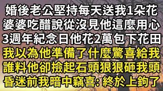 婚後老公堅持每天送我1朵花，婆婆都吃醋說從沒見他這麼用心，3週年紀念日他花2萬包下花田，我以為他準備了什麼驚喜給我，誰料他卻撿起石頭狠狠砸我頭，昏迷前我暗中竊喜:終於上鉤了