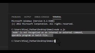 Node is not recognized as an internal and external command, operable program or batch file in vscode