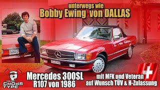 Mercedes R107 300SL von 1986 in signalrot - fahren wir Bobby Ewing von DALLAS damals