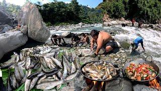 Barkhe Duwali Fishing in Mountain River Fish Catching and Cooking with Pork Meat Soup and Eating