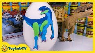 Giant Play Doh Jurassic World Dinosaur Surprise Egg with Velociraptor Blue Toy by ToyLabTV