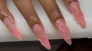 Long Almond French 3D Gel Flower Pearl Accent Acrylic Nails