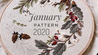 January pattern Floral wreath. Embroidery for beginners