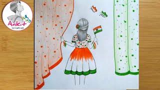 Independence day drawing - how to draw a girl holding Indian flag | stap-by-step drawing / #India