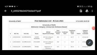 D.U M.COM 2021 (Entrance) CUT OFF LIST  | 1st ADMISSION LIST | Delhi university |  D.u commerce