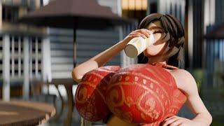 [Giantess/Breast Expansion] - Giantess Growth Drink Energy Water At The Coffee Public - Cloth Ver