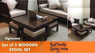 SPACE SAVER & ECONOMIC Wooden set of 4 stools and coffee table. Decorating the living room.