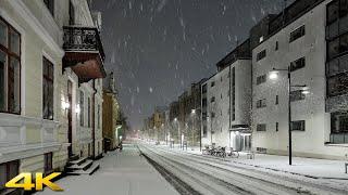 Snowfall  City Night Walk in Växjö, Sweden - 4K Slow TV