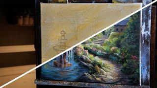 Landscape Painting - Garden and Fountain