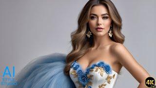 4K AI Art Lookbook Video of Attractive European Girl with Blue White Classic Dress