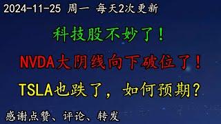 美股 科技股不妙了！NVDA大阴线向下破位了！TSLA也跌了，如何预期？区块链又要有新的ETF产品推出了！SOXL是否意味着可能止跌？华尔街对美联储降息预期有分歧。美元、黄金如何预期？