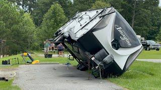 RV Being Winched Back Up After High Winds Pushed it Over