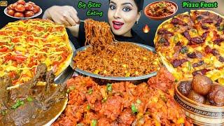 ASMR Eating Spicy Cheese loaded Chicken Pizza,Fire Noodles,Leg Piece Big Bites ASMR Eating Mukbang