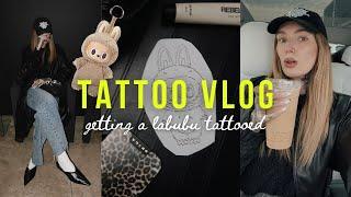 TATTOO VLOG | come get a black work traditional tattoo with me ( a labubu )