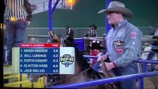 Dakota Eldridge splits fourth in Round 2 of the Wrangler National Finals Rodeo