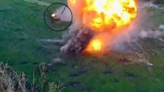 A Russian T-80BV battle tank tosses its turret following a catastrophic explosion