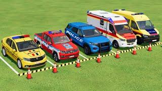 DACIA, VOLKSWAGEN, FORD POLICE CARS & MERCEDES AMBULANCE EMERGENCY CAR TRANSPORTING !  FS22