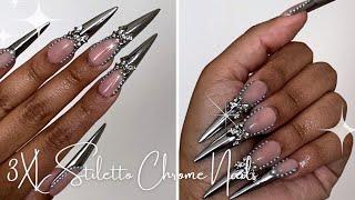 Chrome French Tips With Metallic Bows + Pearls | 3XL Stiletto Nails, Gel Polish Press Ons