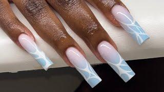 Long Airbrushed Ombre French Abstract Outline Acrylic Nails