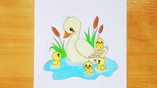 How to draw mother duck and it's four ducklings — For kids || Step by step / Art Video