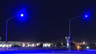 Purple streetlights still glowing in Vegas Valley