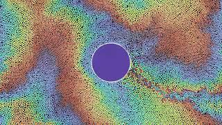 A denser granular material with square-symmetric interaction flowing around a disc