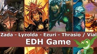 Zada vs Lyzolda vs Ezuri vs Thrasios / Vial Smasher EDH / CMDR game play for Magic: The Gathering