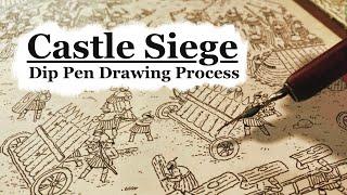 Castle Siege Dip Pen and Watercolor Illustration Process