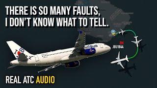 We got an engine showing shut down and fail, but working. JetBlue A320 multiple failures. REAL ATC